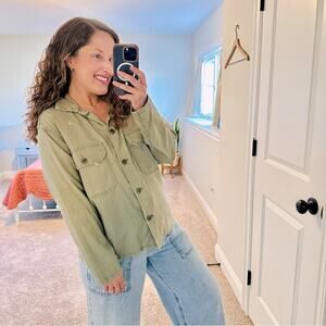 THE GREAT. Green Floral Embroidered Button Front Jacket 1 Small